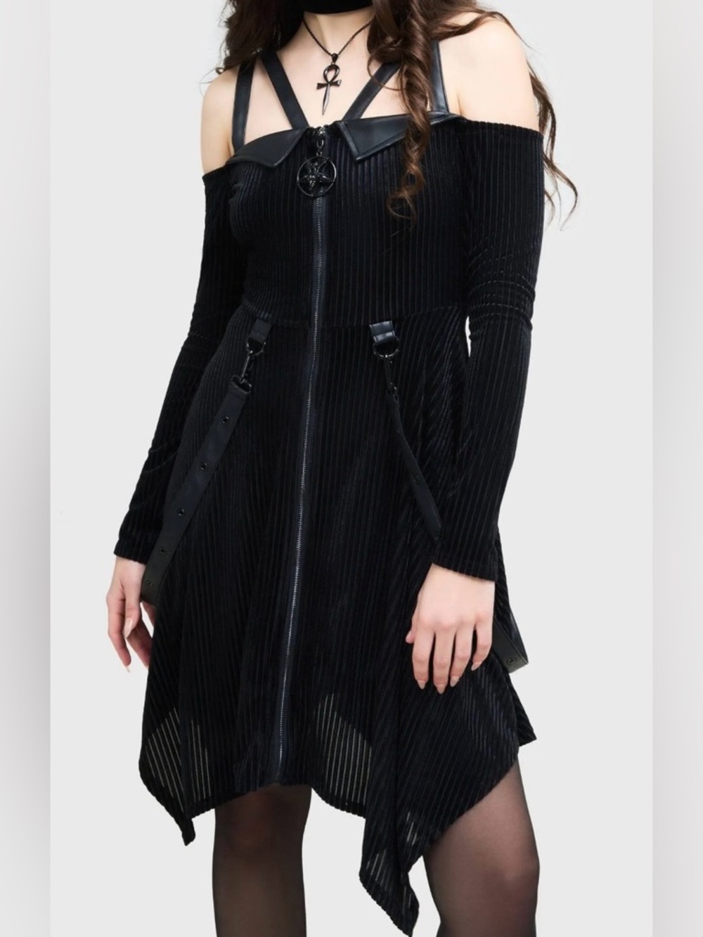 Killstar Black Off-Shoulder Gothic Zip-Front Dress